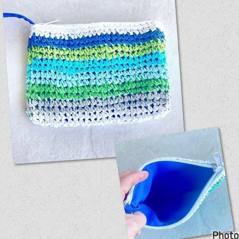 NWT Gorgeous Liz Claiborne Blue Green White Raffia Straw Big Tote Bag & pouch